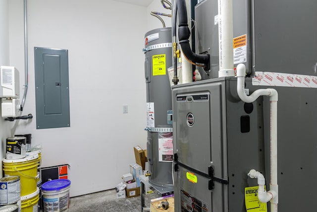 utility room with strapped water heater, heating unit, and electric panel