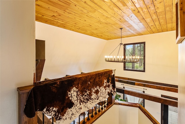 interior space with wood ceiling and a chandelier