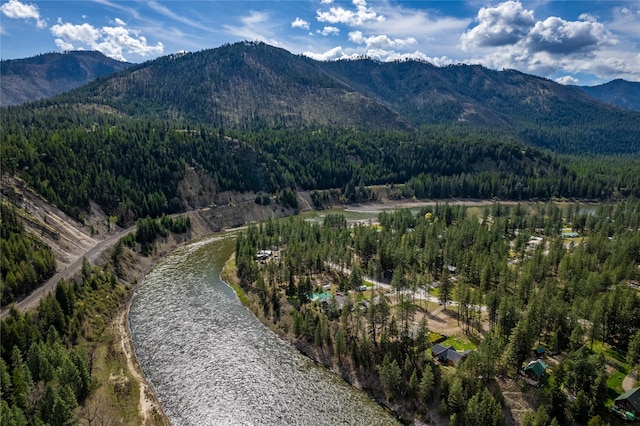 mountain view with a water view and a view of trees