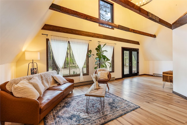 living room with light wood-type flooring, baseboards, baseboard heating, and beamed ceiling