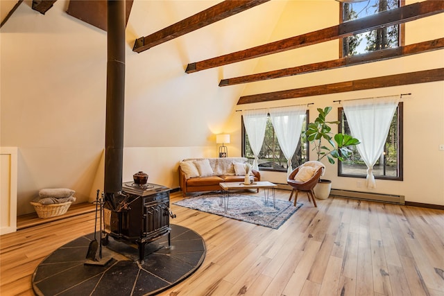 living room with baseboard heating, a wood stove, wood finished floors, high vaulted ceiling, and beamed ceiling