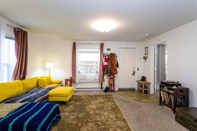 111 6th Ave W, Polson, MT 59860 - living room featuring a baseboard radiator and carpet flooring
