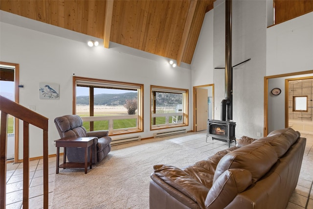 290 Browns Meadow Rd, Kila, MT 59920 - living room with high vaulted ceiling, wood ceiling, a wood stove, and a baseboard radiator