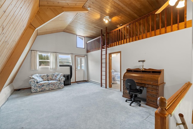 290 Browns Meadow Rd, Kila, MT 59920 - office featuring a ceiling fan, wooden ceiling, carpet floors, a baseboard radiator, and high vaulted ceiling