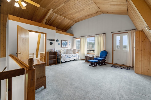290 Browns Meadow Rd, Kila, MT 59920 - living area featuring carpet floors, a ceiling fan, lofted ceiling, and wooden ceiling
