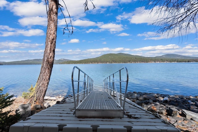 view of dock featuring a water and mountain view