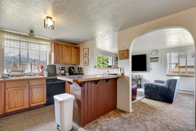 kitchen with light carpet, a kitchen bar, arched walkways, a sink, and dishwasher