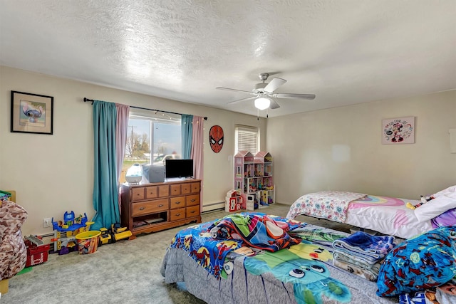 bedroom with a textured ceiling, ceiling fan, carpet, and a baseboard radiator