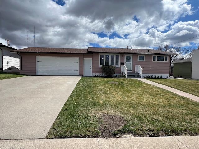 single story home with a garage, concrete driveway, and a front lawn