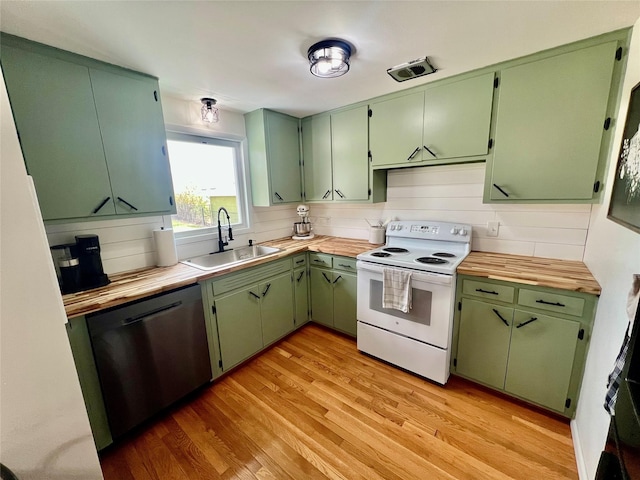 kitchen with a sink, white electric stove, light wood finished floors, and dishwasher