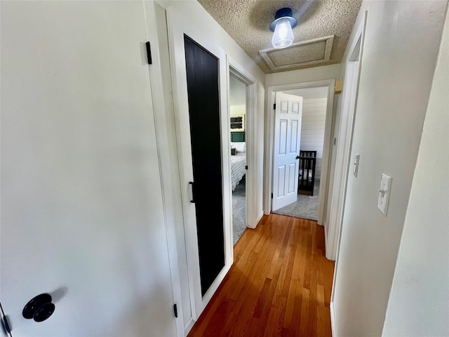 hall with attic access, a textured ceiling, and light wood finished floors