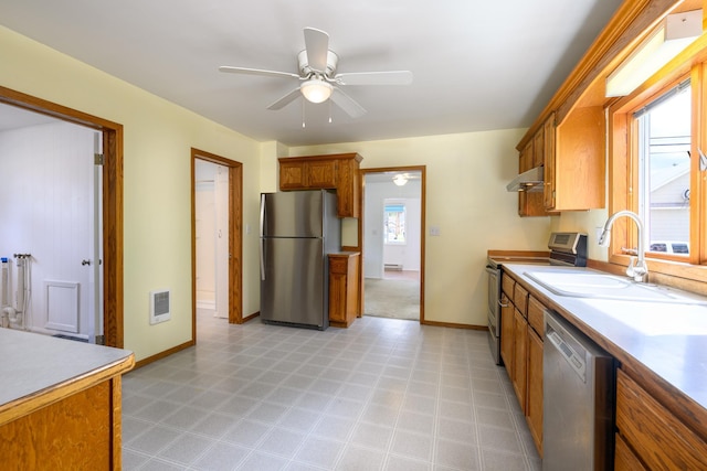 kitchen with visible vents, ceiling fan, under cabinet range hood, a sink, and appliances with stainless steel finishes