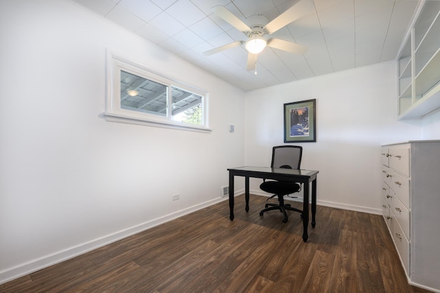 home office featuring baseboards, dark wood finished floors, ceiling fan, and visible vents