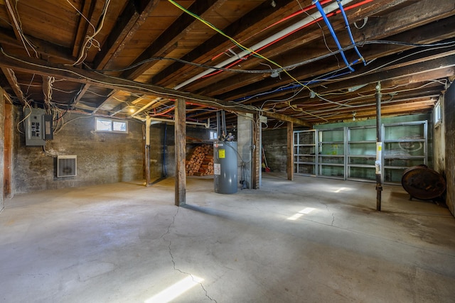 basement with electric panel and electric water heater