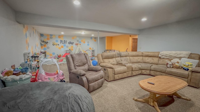 carpeted living room featuring recessed lighting