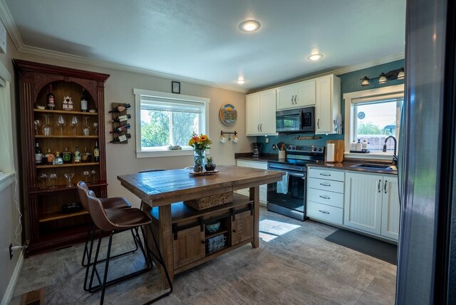617 N 5th St, Hamilton, MT 59840 - kitchen with appliances with stainless steel finishes, a sink, ornamental molding, dark countertops, and white cabinets