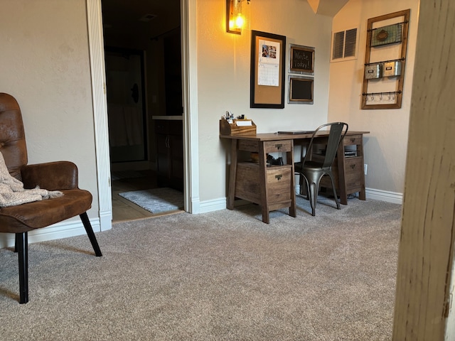 office space featuring carpet floors, baseboards, and visible vents