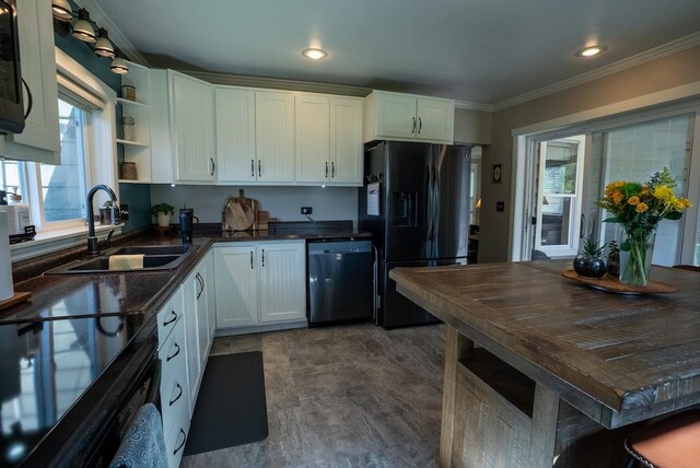 617 N 5th St, Hamilton, MT 59840 - kitchen with black appliances, a sink, open shelves, dark countertops, and white cabinets