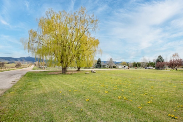 view of community with a mountain view and a yard