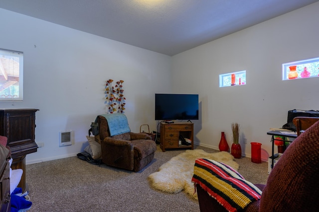 living room featuring baseboards, heating unit, and carpet