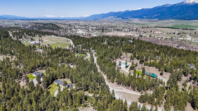 drone / aerial view featuring a forest view and a mountain view