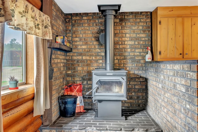 interior details featuring a wood stove
