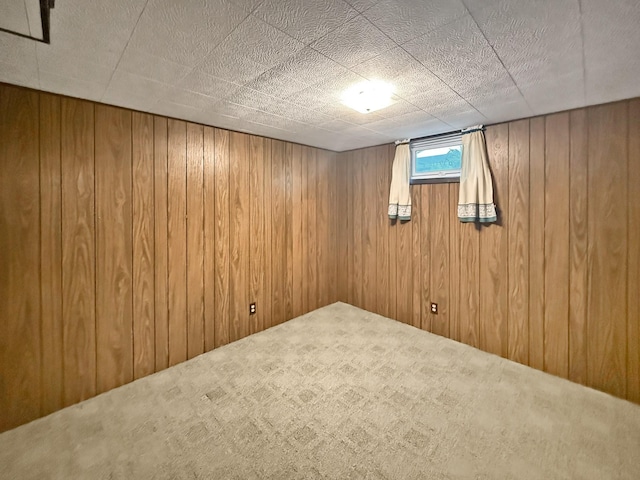 basement with carpet floors and wooden walls