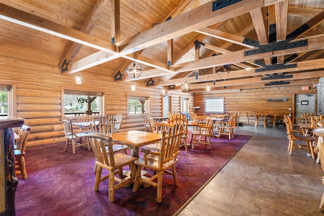 dining space featuring wooden ceiling, log walls, beamed ceiling, and high vaulted ceiling