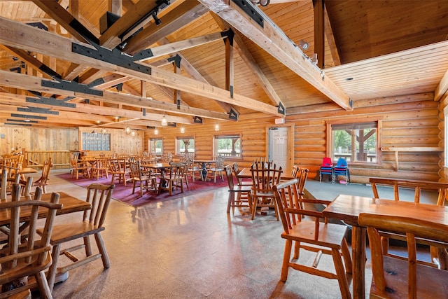 dining space featuring lofted ceiling with beams, wood ceiling, and rustic walls