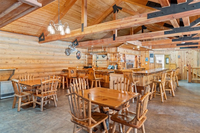 dining room featuring wood ceiling and lofted ceiling with beams
