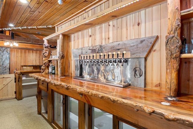 bar with carpet floors, a dry bar, wood ceiling, and wood walls