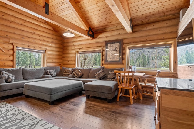 living room with vaulted ceiling with beams, dark wood-style flooring, rustic walls, and wooden ceiling