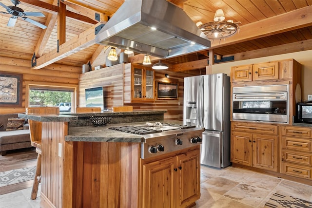 kitchen with island exhaust hood, dark countertops, wooden ceiling, glass insert cabinets, and stainless steel appliances