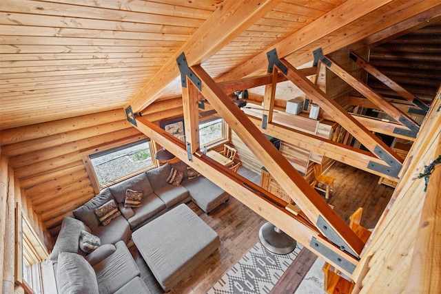 living room with wood-type flooring, log walls, lofted ceiling, and wooden ceiling