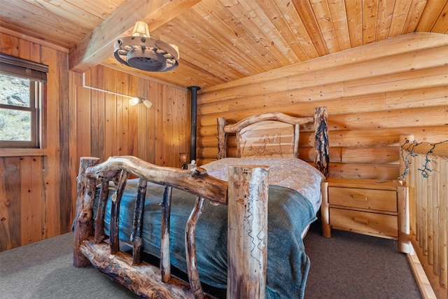 carpeted bedroom with rustic walls, wooden ceiling, and beam ceiling