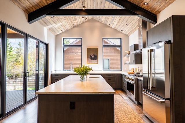kitchen with a healthy amount of sunlight, wooden ceiling, light wood-style floors, and high quality appliances