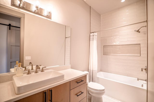 bathroom with recessed lighting, vanity, toilet, and shower / bath combination with curtain