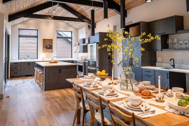 dining space featuring wooden ceiling, lofted ceiling with beams, and light wood finished floors