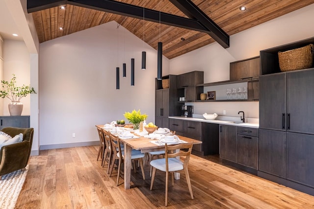 dining area featuring recessed lighting, light wood-style flooring, wood ceiling, and beam ceiling