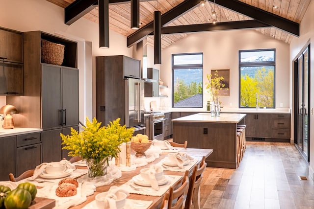 kitchen featuring light countertops, light wood-style flooring, a center island, premium appliances, and wood ceiling