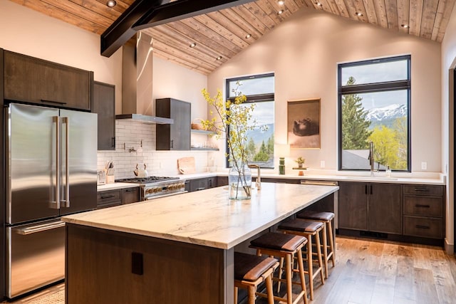 kitchen featuring wall chimney range hood, wood ceiling, a center island, and high quality appliances