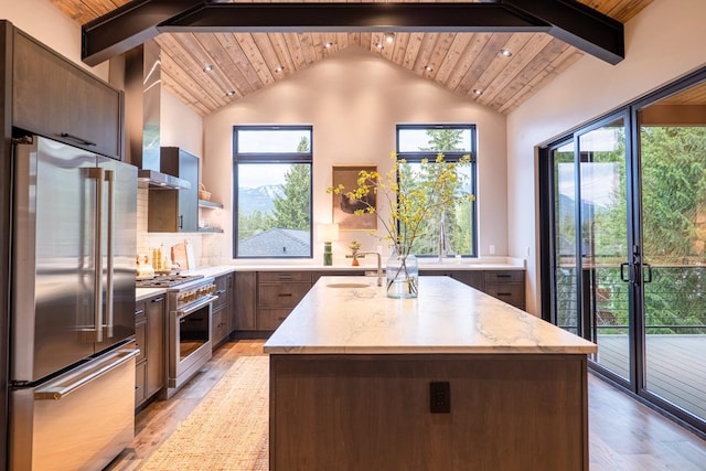 kitchen with open shelves, wooden ceiling, lofted ceiling with beams, light wood finished floors, and premium appliances
