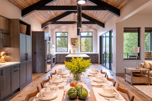 kitchen with light countertops, wood ceiling, dark brown cabinetry, and light wood finished floors