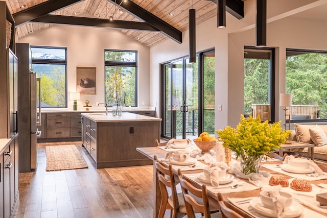 kitchen with light countertops, wooden ceiling, light wood-style floors, vaulted ceiling with beams, and a wealth of natural light