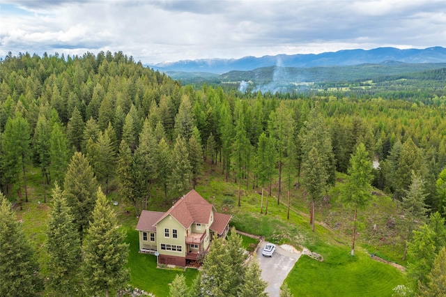 birds eye view of property featuring a forest view and a mountain view