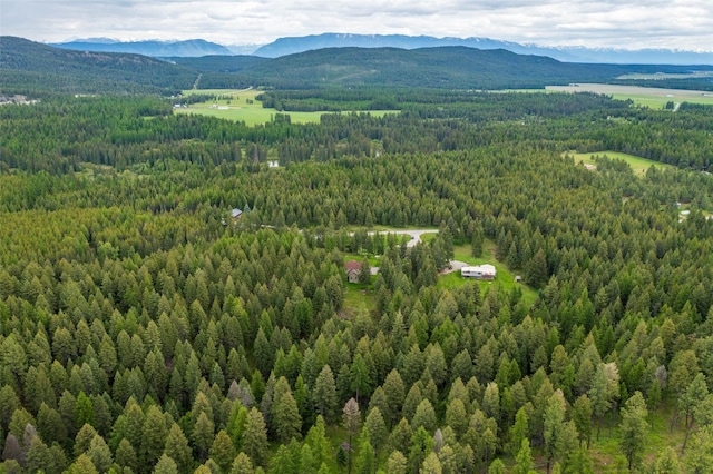 bird's eye view featuring a view of trees and a mountain view