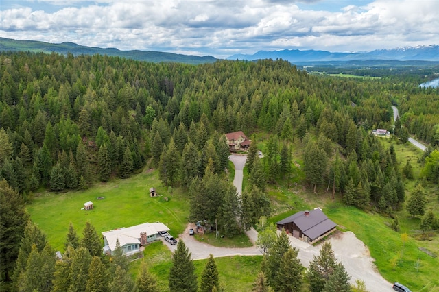 drone / aerial view featuring a mountain view and a forest view