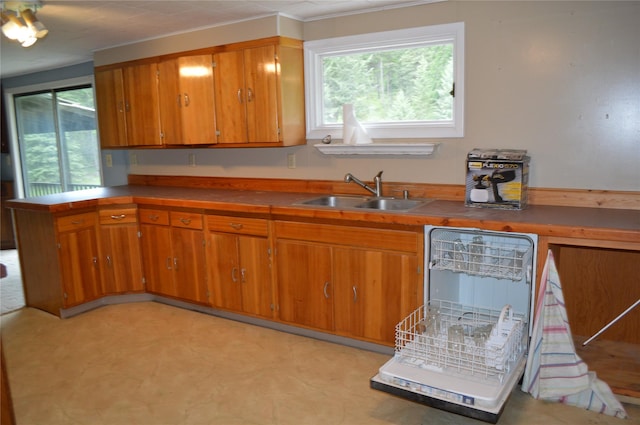 kitchen featuring brown cabinets, a wealth of natural light, a sink, and dishwashing machine