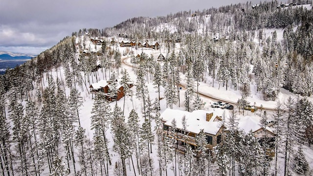 snowy aerial view featuring a view of trees and a mountain view