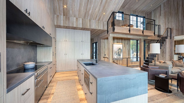 kitchen featuring a sink, a kitchen island with sink, high vaulted ceiling, light wood-style flooring, and under cabinet range hood